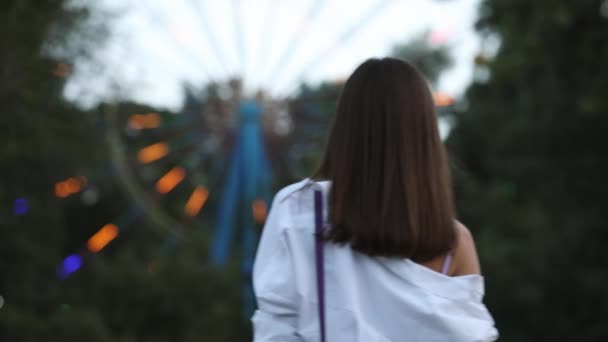 Visão traseira da mulher olhando para a roda gigante no parque — Vídeo de Stock