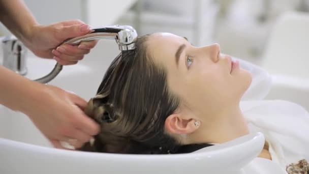 Beauty Concept Young Woman Hairdresser Washing Head Hair Salon — Stock Video