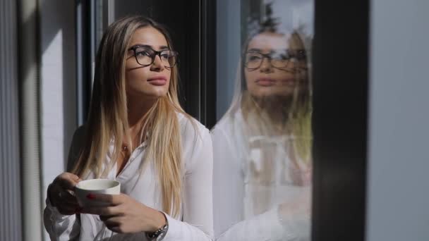 Hübsche Frau Denkt Einem Café Und Schaut Durch Das Fenster — Stockvideo