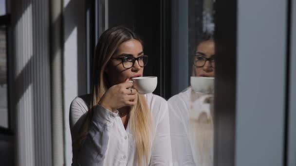 Mujer Bonita Bebiendo Café Café Mirando Por Ventana — Vídeo de stock