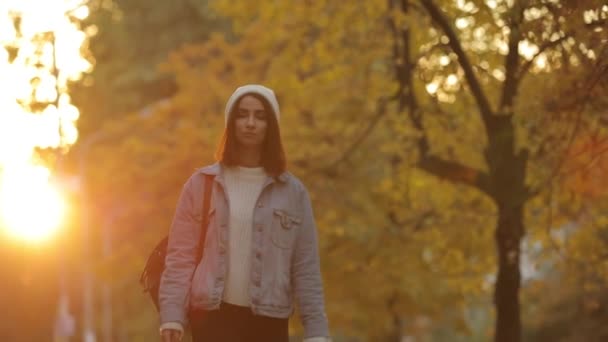 秋の日に通り スローモーションで黄色の木を歩く女性 — ストック動画
