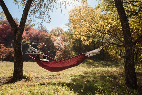 Woman Resting Lying Hammock Golden Autumn Day — Stock Photo, Image