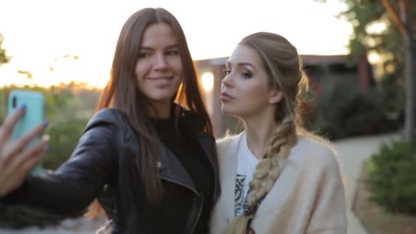 Gärna två kvinnor vänner tar selfie foto vilar i resort — Stockvideo