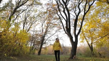 Sonbahar ormanda hiking sarı ceketli adamı