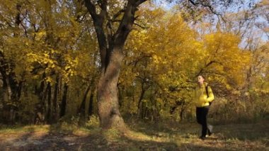 Sonbahar ormanda yürüyüş sarı ceketli adamı hiking