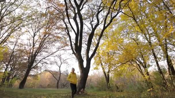 Man in yellow jacket hiking in autumn forest — Stock Video