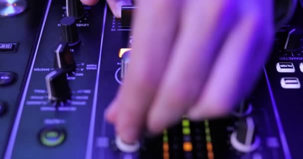 Hands Mixing Music Desk Panel Nightclub Slider Shot — Stock Video