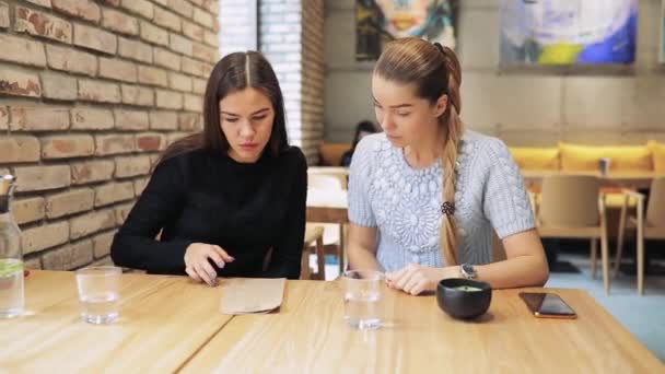Две подруги читают меню в кафе — стоковое видео