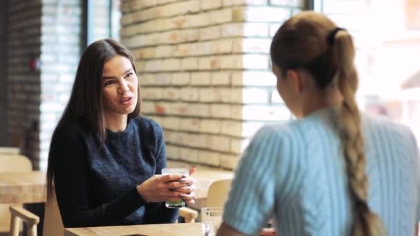 Väninnor talar på ett kafé — Stockvideo