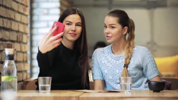 Две подруги делают селфи на мобильном телефоне в кафе — стоковое видео
