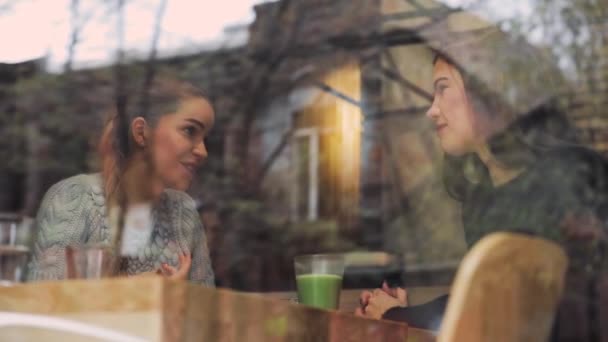 Pencerenin arkasında bir kafede konuşan kadın arkadaşlar — Stok video