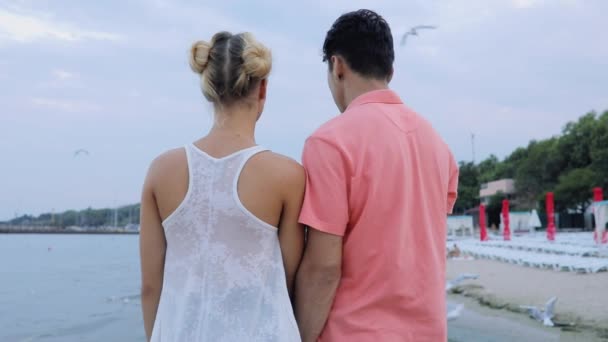 Pareja joven mirando la costa del mar con gaviotas voladoras — Vídeos de Stock