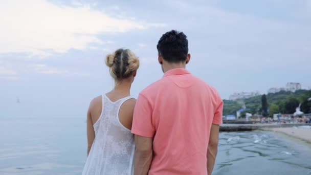 Pareja joven mirando a la costa del mar con gaviotas voladoras cogidas de la mano — Vídeos de Stock