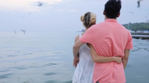 Ungt par omfamnar varandra tittar på havet kusten med flygande måsar — Stockvideo