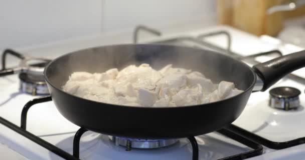 Preparing chicken meat in a pan closeup — Stock Video