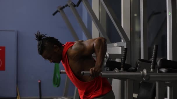 Afrikanisch-amerikanischer Mann Liegestütze im Fitnessstudio an parallelen Barren — Stockvideo
