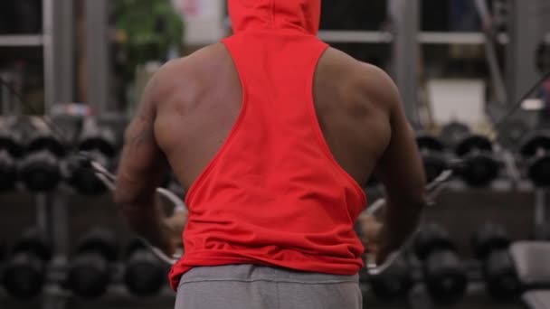 Hombre afroamericano haciendo ejercicio en aparato de entrenamiento en gimnasio — Vídeo de stock