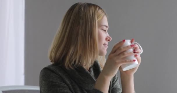 Young woman drinking tea at home window — Stock Video