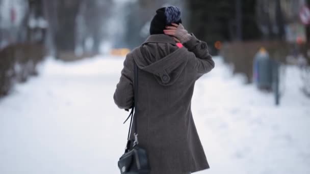 Vue arrière de la femme s'éloigner le long de l'allée de la ville d'hiver — Video