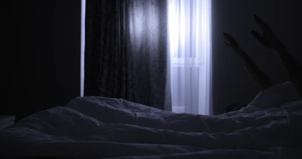 Man with sleepwalking wake up at night and going in the room — Stock Video