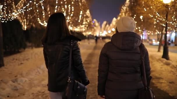 Девушки с видом на задний двор прогуливаются по ночной аллее, украшенной гирляндой — стоковое видео