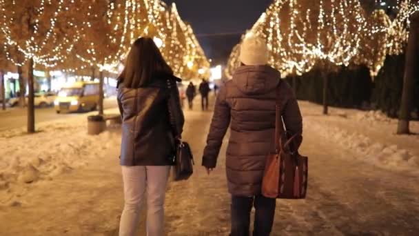 Πίσω προβολή φίλων κορίτσια περπατώντας κατά μήκος της νύχτας σοκάκι διακοσμημένο με γιρλάντα — Αρχείο Βίντεο