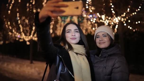 Chicas amigas haciendo foto selfie en callejón nocturno decorado por guirnalda — Vídeos de Stock