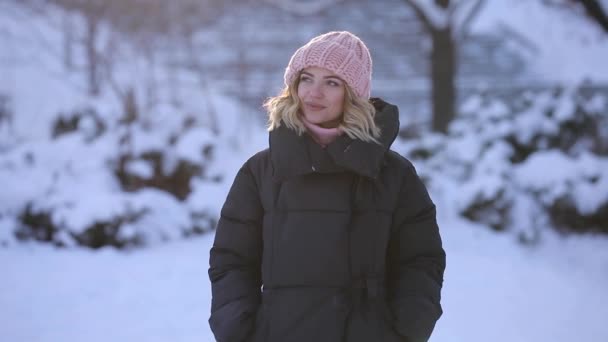 Γυναίκα που περπατά στο χειμερινό πάρκο — Αρχείο Βίντεο