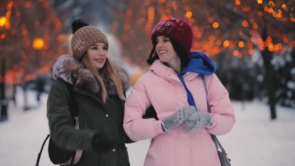 Feliz mujer amigos camina por el callejón juntos en el día de invierno — Vídeos de Stock