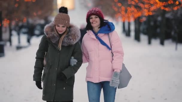 Feliz mujer amigos camina por el callejón juntos en el día de invierno — Vídeos de Stock