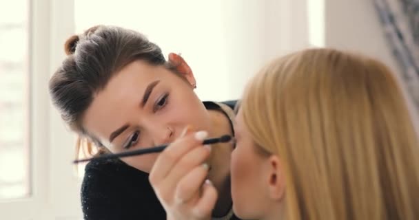 Make-up-Meister arbeitet für Kunden zu Hause — Stockvideo