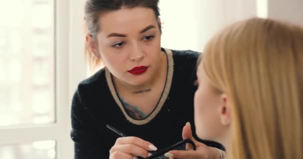 Makeup master working for client at home — Stock videók