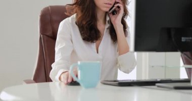 Güzel iş kadını telefonla konuşurken Office çalışma
