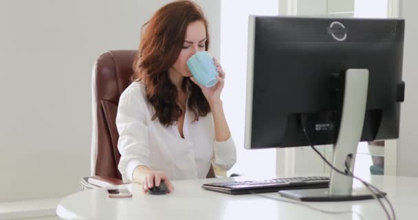 Hermosa mujer de negocios trabajando en la oficina bebiendo café — Vídeos de Stock