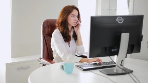 Hermosa mujer de negocios trabajando en la oficina hablando por teléfono — Vídeos de Stock