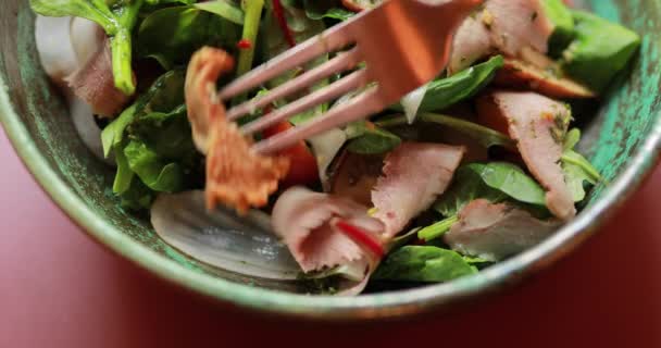 Точка зрения есть свежий салат, кантарелл сибарий на вилке — стоковое видео
