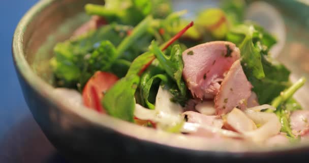 POV, eten van verse salade, gerookte eend vlees op een vork, voedsel video — Stockvideo
