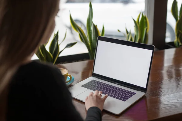 Kvinne frilanser som arbeider med laptop på kafe, tom skjerm på pc stockfoto