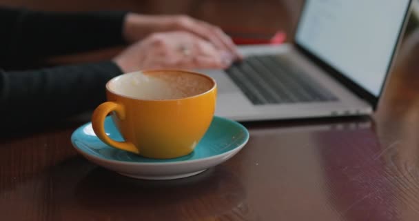 Vrouw handen werken door laptop zitten in een cafe — Stockvideo
