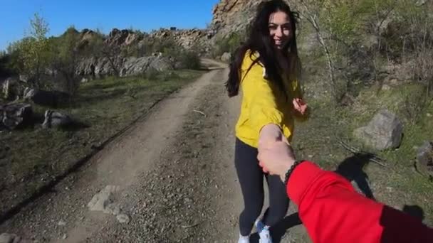 Siga-me, POV, turistas casal de mãos dadas andando na natureza — Vídeo de Stock