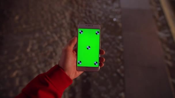 1e persoon weergave, leeg scherm van smartphone in mannelijke hand wandelen in Night City — Stockvideo