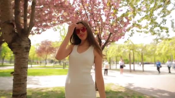 Mujer caminando en el parque de verano en flor — Vídeos de Stock