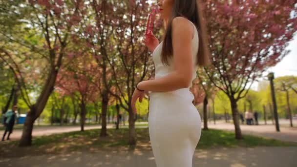 Elegant kvinna klädd i rosa glasögon gå på Blossom Summer Park — Stockvideo