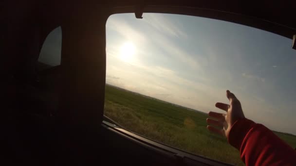 Homme sortir la main de la voiture en mouvement, wanderlust — Video