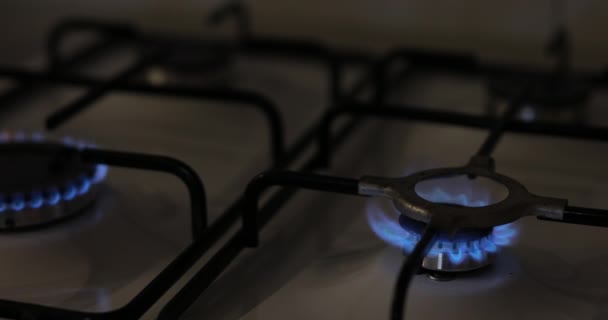 Zapalanie gazu ziemnego na kuchence kuchennych, 4 palniki — Wideo stockowe