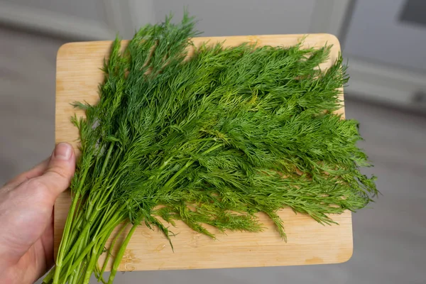 Dill on a cutting board in a male hand — Stock Photo, Image