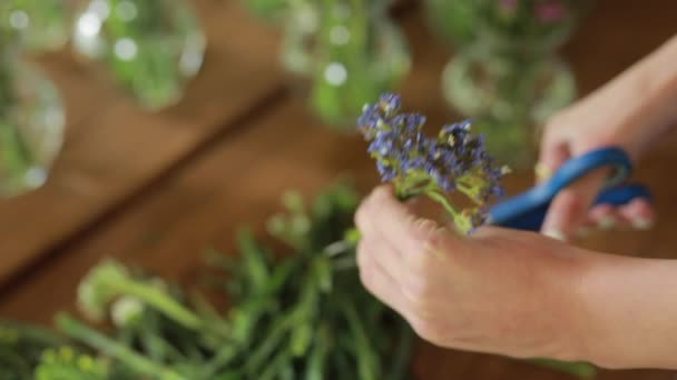 Флорист делает букеты цветов — стоковое видео