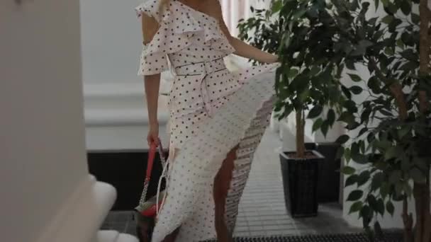 Vacker elegant kvinna kastar klänning nära byggnad kolumner — Stockvideo
