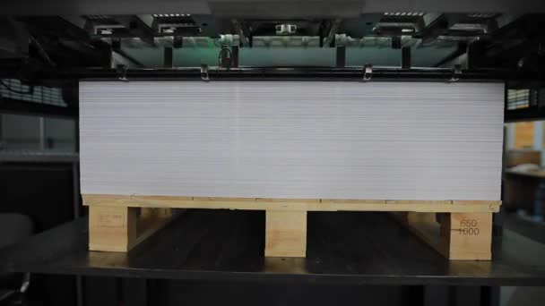 Tryckfabrik, typografi maskin i arbete, stapel av papper — Stockvideo