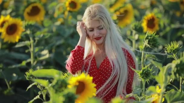 Ayçiçeği alanında sarışın kadın portresi, yavaş çekim — Stok video